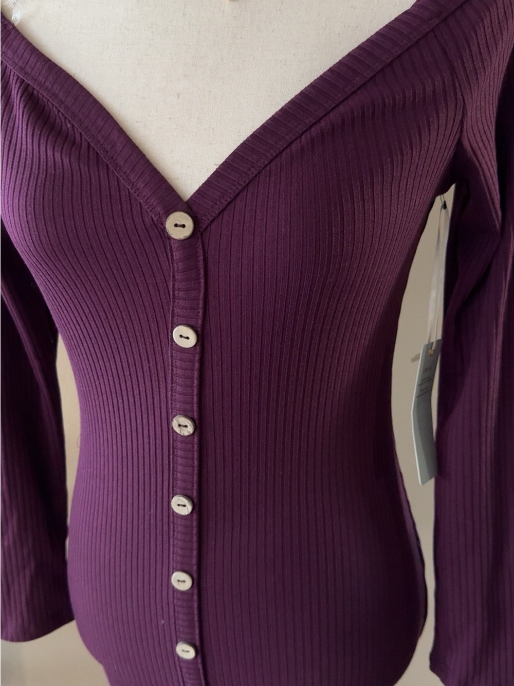 Off-Shoulder Ribbed Button-Front Bodycon Dress in Plum - Picture 6 of 8